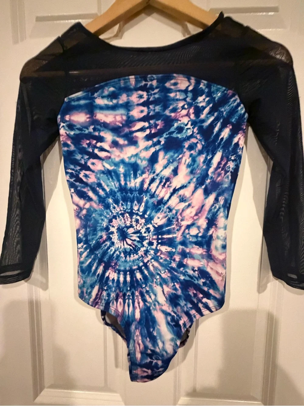Justice Blue & Pink Tie-Dye Kids Leotard bodysuit with Black Sheer Sleeves 12